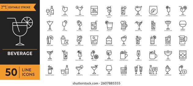 Beverage icon set. Drinks icon set. Containing water, coffee, tea, drinking, glass, soda, cocktail, bottle, wine, beverage and more. Editable stroke. Vector illustration