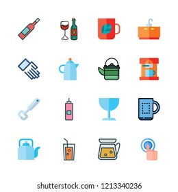beverage icon set. vector set about kettle, bottle opener, tea cup and vinegar icons set.