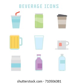 Beverage icons in flat style for your restaurant projects or gastronomy publications.