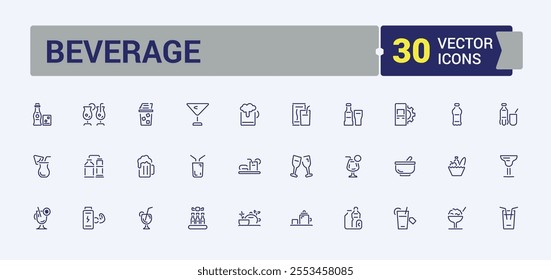 Beverage icons. Includes thin line smoothie, champagne, thin, servers, banqueting, pubs, milk and more. Simple line vector. Editable stroke.