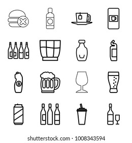 Beverage icons. set of 16 editable outline beverage icons such as bottle, vending machine, cleanser, drink, water bottle, wine glass, soda, tea, beer mug