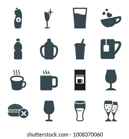 Beverage icons. set of 16 editable filled beverage icons such as no fast food, cocktail, clean wine glass, drink, water bottle, cup with heart, tea cup, cup, bottle