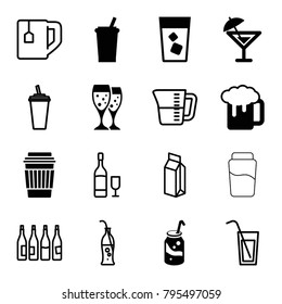 Beverage icons. set of 16 editable filled and outline beverage icons such as drink, beer mug, soda, cocktail, bottle, tea cup, milk, soda bottle, wine glass and bottle
