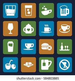 beverage icons set. Set of 16 beverage filled icons such as baby bottle, drink, no fast food, Cocktail, tea cup, soda and burger, coffee cup, no alcohol, wine bottle and glass