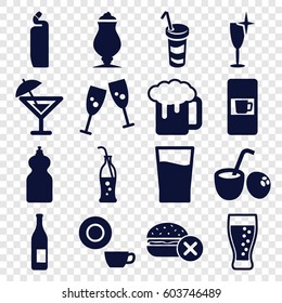 Beverage icons set. set of 16 beverage filled icons such as vending machine, no fast food, cleanser, dish, clean wine glass, beer mug, milkshake, drink, soda bottle, soda