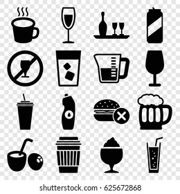 Beverage icons set. set of 16 beverage filled icons such as no fast food, Cocktail, drink, water bottle, milkshake, soda, cup, wine glass, wine bottle and glass, beer mug