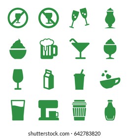 Beverage icons set. set of 16 beverage filled icons such as cocktail, drink, milkshake, no alcohol, milk, cup with heart, bottle, coffee machine, beer, glasses clink