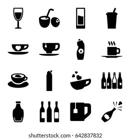 Beverage icons set. set of 16 beverage filled icons such as bottle, cleanser, tea cup, water bottle, cup with heart, cup, wine glass, drink, drink coconut
