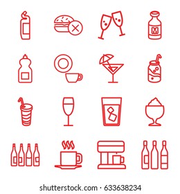 Beverage icons set. set of 16 beverage outline icons such as bottle, no fast food, cleanser, dish, soda, drink, milkshake, milk, cup, wine glass, coffee machine, cocktail