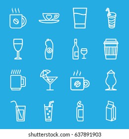Beverage icons set. set of 16 beverage outline icons such as cleanser, coffee, drink, water bottle, milkshake, soda, milk, cup with heart, wine glass, mug, cocktail