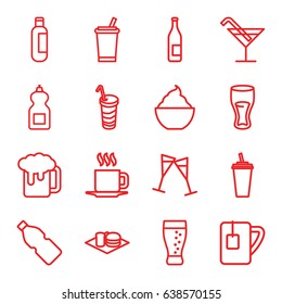 Beverage icons set. set of 16 beverage outline icons such as bottle, cocktail, cleanser, drink, milkshake, soda and burger, tea cup, cup, wine glass, soda
