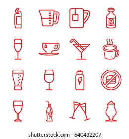 Beverage icons set. set of 16 beverage outline icons such as cocktail, cleanser, tea cup, milkshake, milk, cup, wine glass, soda bottle, soda, decanted, energetic drink