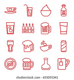 Beverage icons set. set of 16 beverage outline icons such as bottle, drink, milkshake, milk, cup with heart, tea cup, beer mug, cocktail, beer can, beer