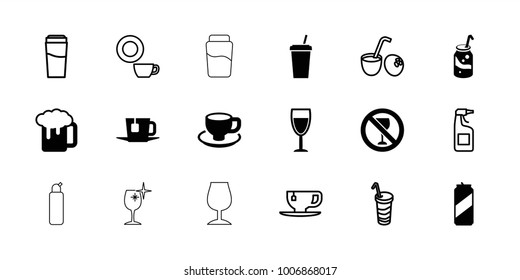Beverage icons. set of 18 editable filled and outline beverage icons: beer mug, soda, coffee cup, tea, wine glass, beer can, drink, cleanser, dish, tea cup, drink coconut