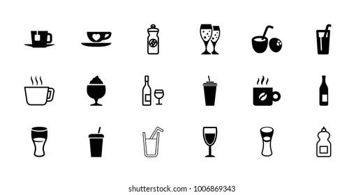 Beverage icons. set of 18 editable filled and outline beverage icons: bottle, drink, milk glass, milkshake, cup with heart, tea, coffee, wine glass, drink coconut, cleanser