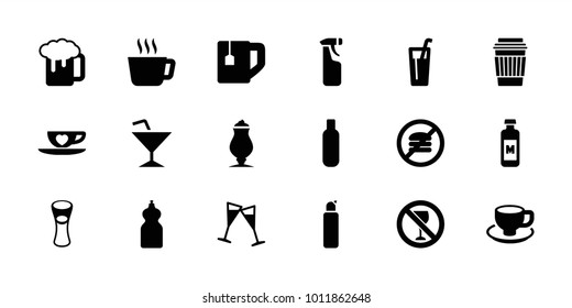 Beverage icons. set of 18 editable filled beverage icons: bottle, cleanser, beer mug, tea, drink, tea cup, milk glass, milkshake, coffee cup, no fast food, cup with heart