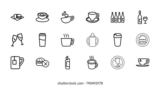 Beverage icons. set of 18 editable outline beverage icons: bottle, drink, no fast food, cleanser, glasses clink, tea, tea cup, soda and burger, coffee cup