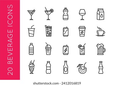 Beverage icons, Set of 20 minimal icons. Alcohol and non-alcoholic drinks icons. Beer, coffee, wine, cocktail, soda, bottle signs. Icons set for restaurant menu, web page, mobile app, packaging design