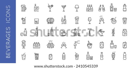 Beverage icons, Set of 20 minimal icons. Alcohol and non-alcoholic drinks icons. Beer, coffee, wine, cocktail, soda, bottle signs. Icons set for restaurant menu, web page, mobile app, packaging design