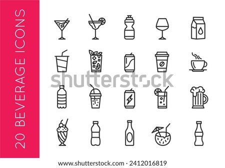 Beverage icons, Set of 20 minimal icons. Alcohol and non-alcoholic drinks icons. Beer, coffee, wine, cocktail, soda, bottle signs. Icons set for restaurant menu, web page, mobile app, packaging design