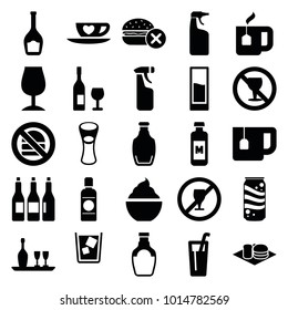 Beverage icons. set of 25 editable filled beverage icons such as no fast food, cleanser, milk glass, milkshake, soda and burger, drink, no drink, no alcohol, bottle