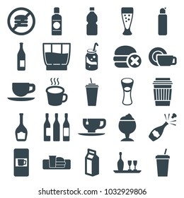 Beverage icons. set of 25 editable filled beverage icons such as vending machine, bottle, soda, drink, tea cup, milk glass, no fast food, milk, cup, wine glass