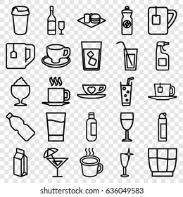 Beverage icons set. set of 25 beverage outline icons such as bottle, cleanser, clean wine glass, drink, tea cup, energy drink, milkshake, soda, soda and burger, coffee cup