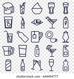 Beverage icons set. set of 25 beverage outline icons such as bottle, cocktail, cleanser, dish, drink, milk glass, milkshake, soda, soda and burger, tea cup, wine glass