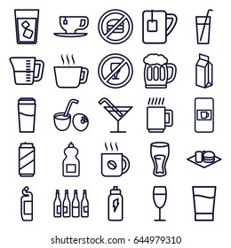 Beverage icons set. set of 25 beverage outline icons such as vending machine, bottle, drink, cocktail, cleanser, coffee, tea cup, soda and burger, milk, wine glass, beer mug