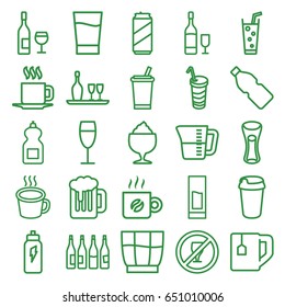 Beverage icons set. set of 25 beverage outline icons such as bottle, cleanser, drink, tea cup, milk glass, milkshake, soda, cup, wine glass, coffee, decanted, beer can, beer