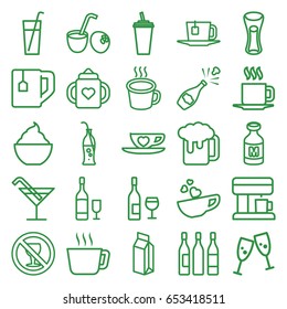 Beverage icons set. set of 25 beverage outline icons such as baby bottle, cocktail, drink, tea cup, milk glass, milkshake, no alcohol, milk, cup with heart, cup, soda bottle
