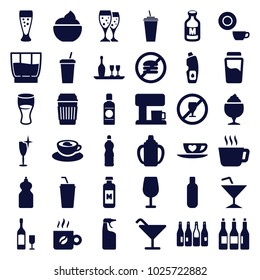Beverage icons. set of 36 editable filled beverage icons such as bottle, cocktail, cleanser, dish, clean wine glass, tea, drink, milkshake, no fast food, no drink, milk