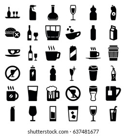 Beverage icons set. set of 36 beverage filled icons such as bottle, no fast food, cocktail, cleanser, clean wine glass, coffee, drink, water bottle, no alcohol, milk