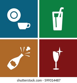 beverage icons set. Set of 4 beverage filled icons such as dish, clean wine glass, champagne