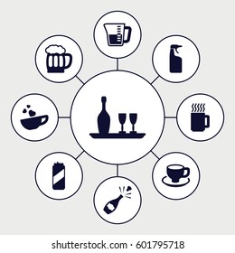 beverage icons set. Set of 9 beverage filled icons such as cleanser, coffee cup, cup with heart, wine bottle and glass, beer mug, decanted, mug, beer can