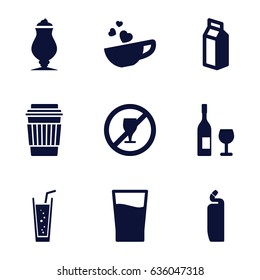 Beverage icons set. set of 9 beverage filled icons such as cleanser, drink, milkshake, soda, milk, cup with heart, wine glass and bottle