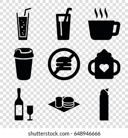 Beverage icons set. set of 9 beverage filled icons such as baby bottle, cleanser, drink, soda, soda and burger, wine glass and bottle, tea