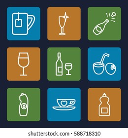 beverage icons set. Set of 9 beverage outline icons such as Cocktail, cleanser, clean wine glass, water bottle, cup with heart, tea cup, drink coconut, wine glass and bottle