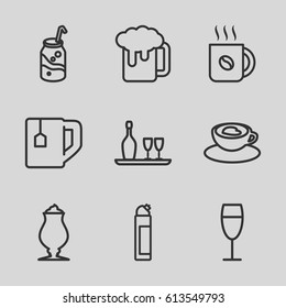 Beverage icons set. set of 9 beverage outline icons such as cleanser, coffee, soda, tea cup, milkshake, cup with heart, wine glass, wine bottle and glass