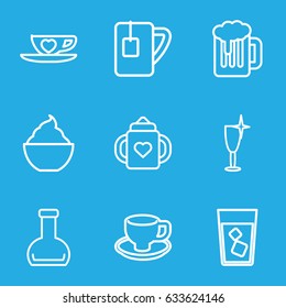Beverage icons set. set of 9 beverage outline icons such as baby bottle, clean wine glass, drink, milkshake, coffee cup, cup with heart, tea cup, bottle