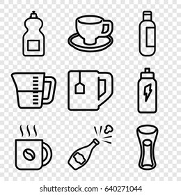 Beverage icons set. set of 9 beverage outline icons such as bottle, cleanser, coffee, tea cup, milk glass, coffee cup, decanted, energetic drink