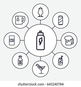 Beverage icons set. set of 9 beverage outline icons such as vending machine, cocktail, soda, tea cup, milkshake, milk, beer can, energetic drink