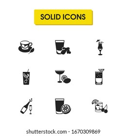 Beverage icons set with alcohol, ginger shot and blue hawAI elements. Set of beverage icons and martini concept. Editable vector elements for logo app UI design.