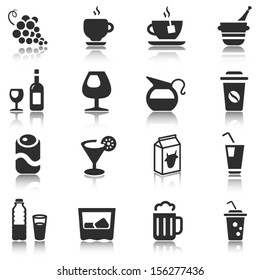 beverage icons set in black with reflection