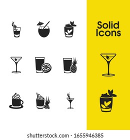 Beverage icons set with coffee with cream, mary pickford and sezarac cocktail elements. Set of beverage icons and ice tea concept. Editable vector elements for logo app UI design.
