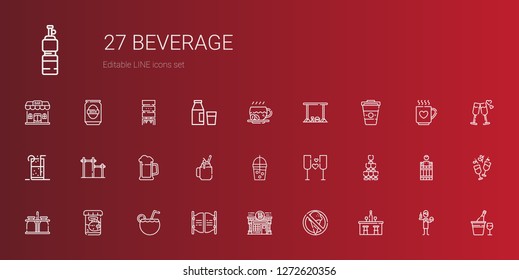 beverage icons set. Collection of beverage with bar, no food, pub, cocktail, fish food, milk jar, champagne, wine, smoothie, beer, soft drink. Editable and scalable beverage icons.