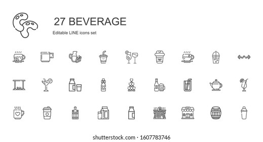 beverage icons set. Collection of beverage with bar, pub, milk, barrel, coffee, drink, soda, beer, champagne, wine bottle, cocktail, tea. Editable and scalable beverage icons.