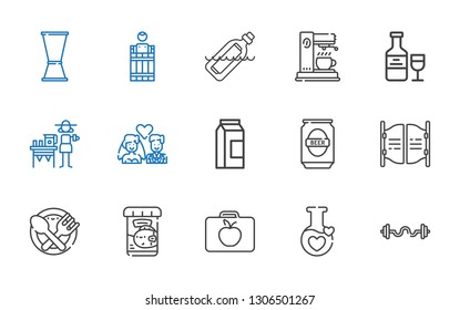 beverage icons set. Collection of beverage with bars, potion, lunchbox, fish food, food, bar, beer, milk, newlyweds, lemonade, wine, coffee maker. Editable and scalable beverage icons.