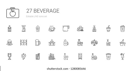 beverage icons set. Collection of beverage with beer, water dispenser, wine bottle, barrel, soda, wine, wine glass, cup, mug, bar, burger. Editable and scalable beverage icons.