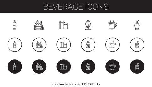 beverage icons set. Collection of beverage with bottle, barrel, bar, candy machine, coffee cup, drink. Editable and scalable beverage icons.